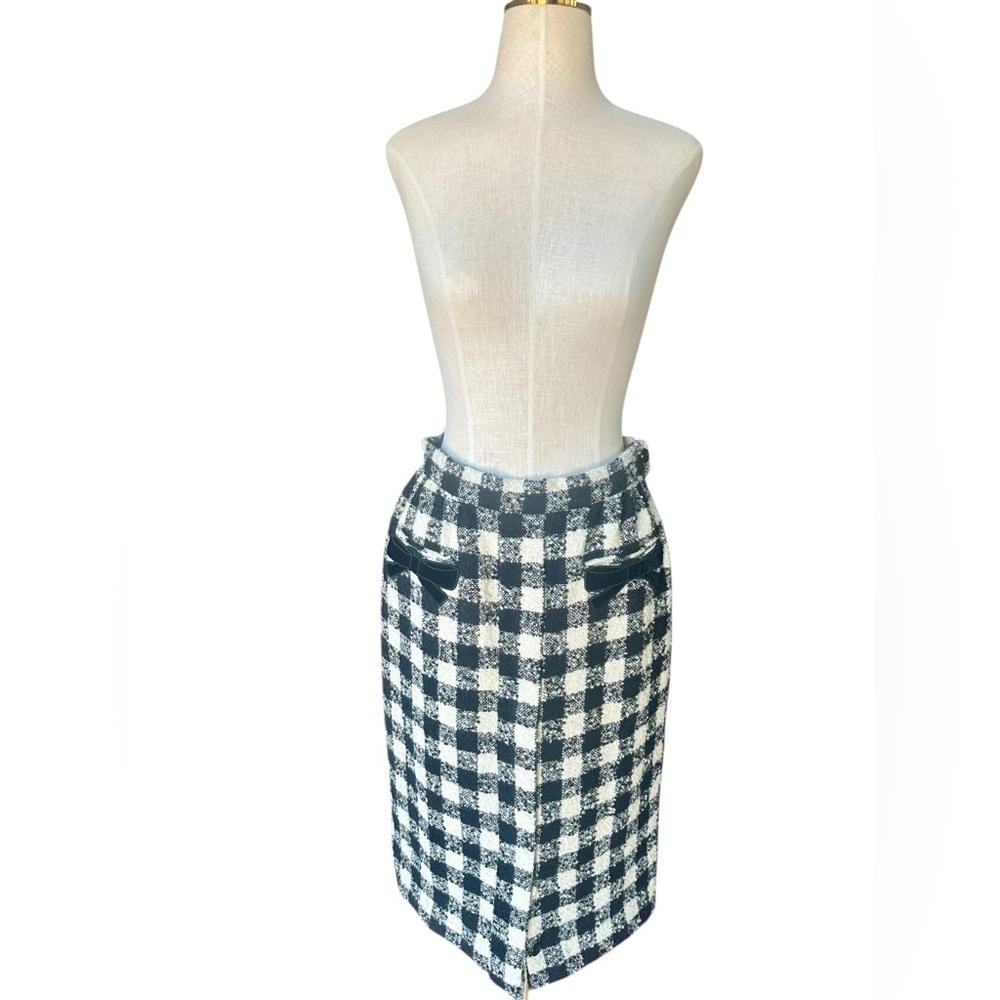 Valentino Boutique Wool Tweed Check Pencil Skirt Velvet Bow Detail Made Italy - Picture 4 of 12
